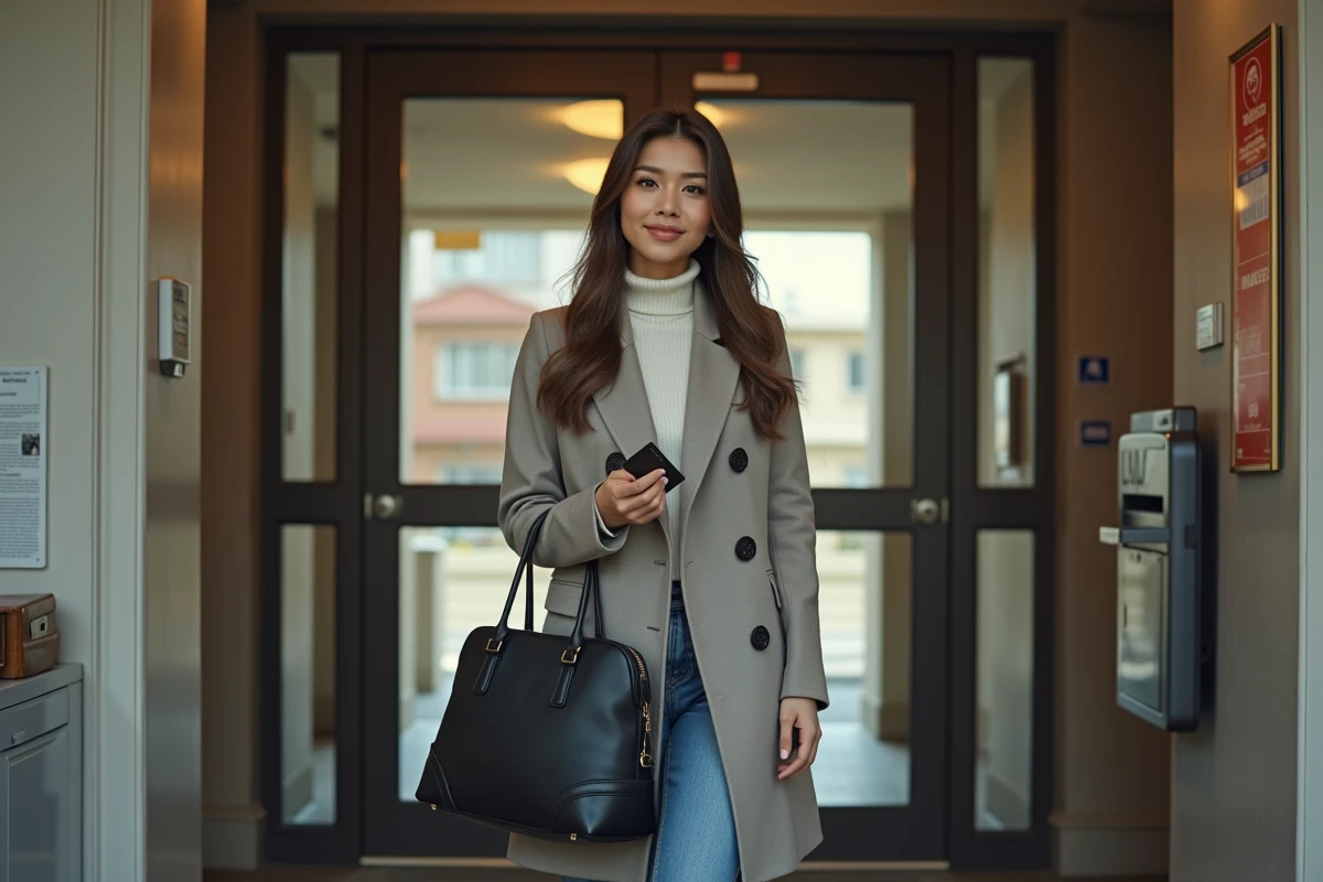 Jeune femme entrant dans un hall d