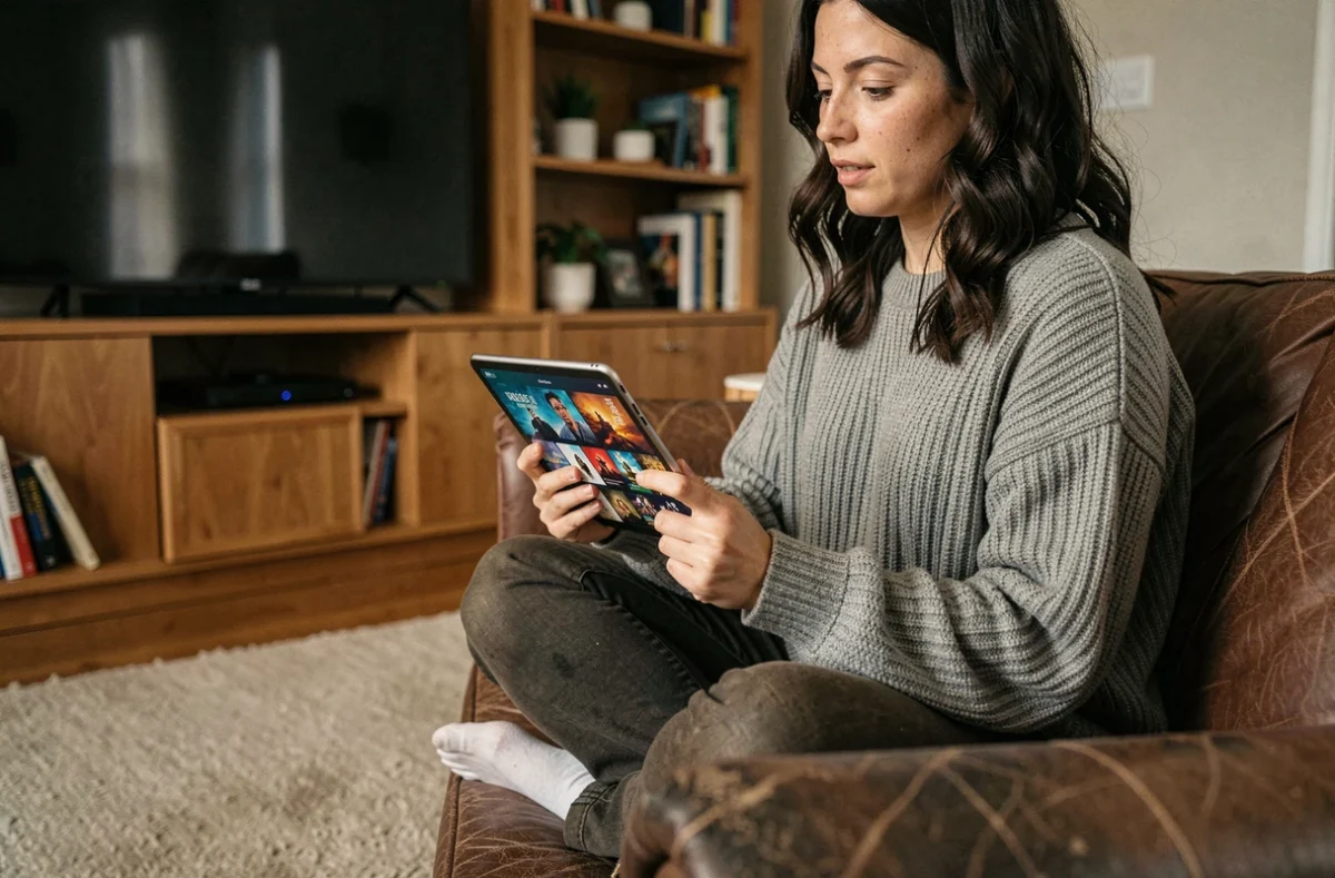 Femme parcourant les actualités de séries TV sur une tablette dans un salon cosy