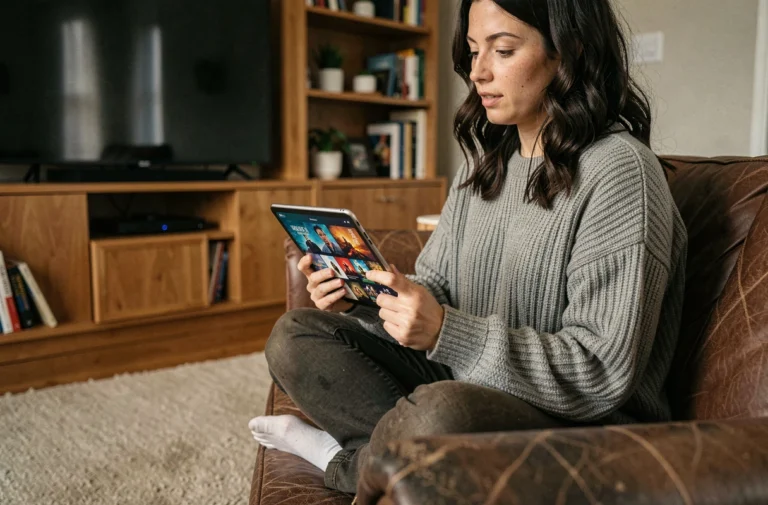 Femme parcourant les actualités de séries TV sur une tablette dans un salon cosy