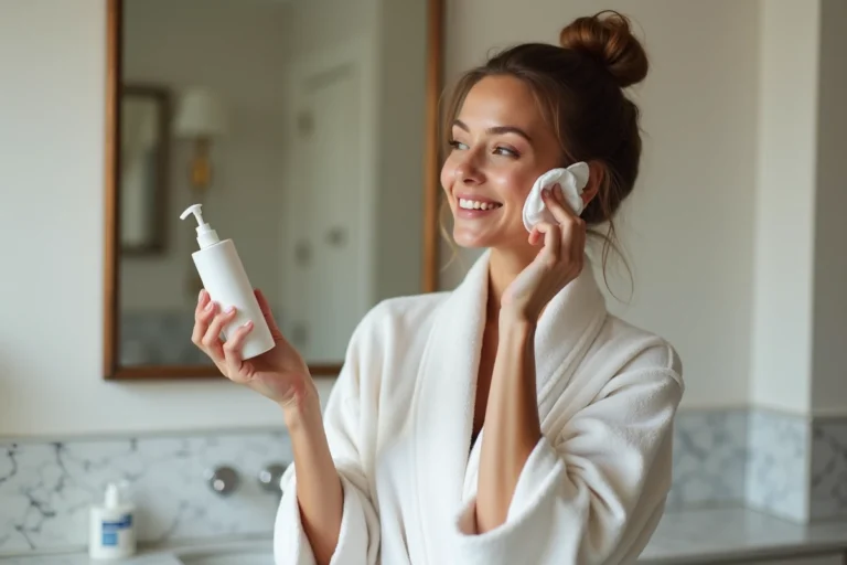 Femme appliquant micellar eau sur son visage dans une salle de bain
