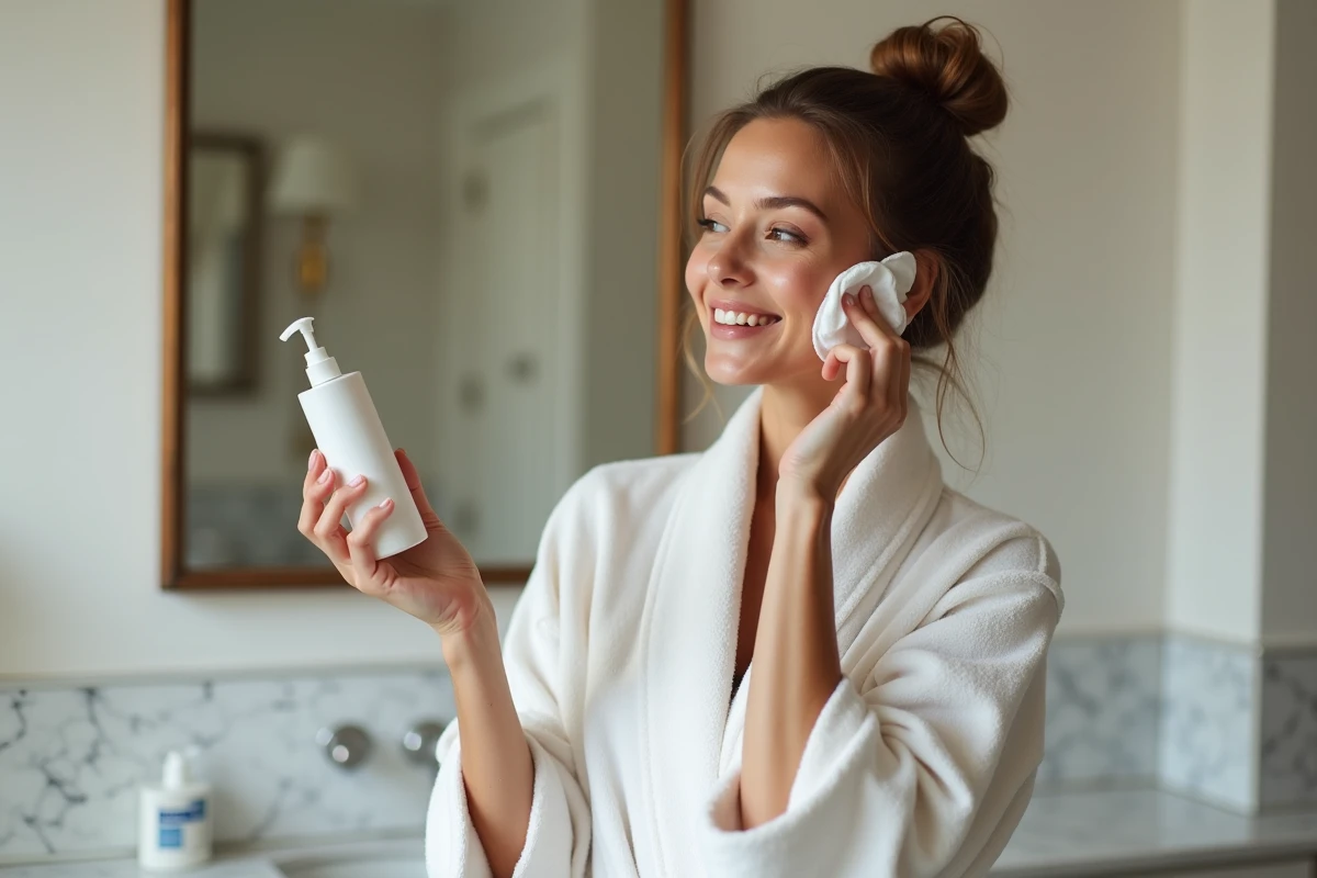 Femme appliquant micellar eau sur son visage dans une salle de bain