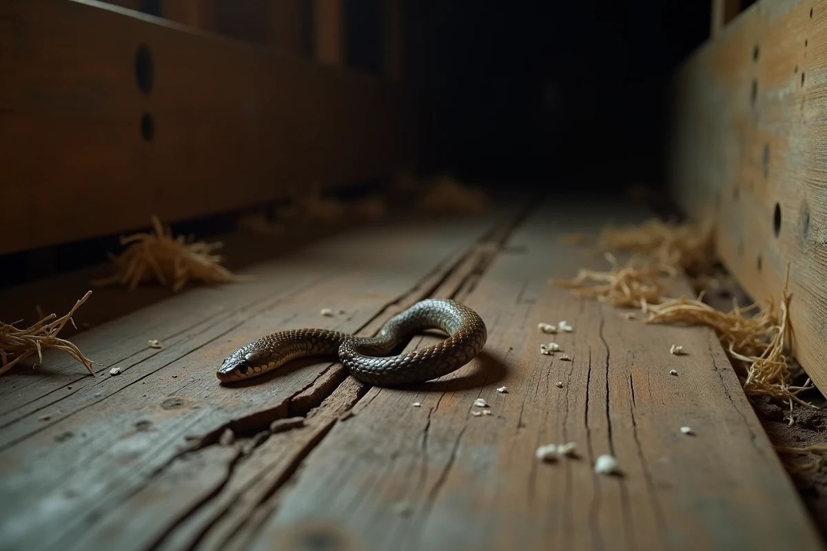 Excréments de serpent repérés sur une planche de bois usée dans une vieille grange, avec dépôt blanc d'urate visible, contexte rural typique de présence de reptile