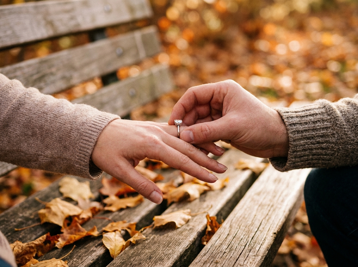 Gros plan de deux mains, un homme glissant une bague de fiançailles solitaire au doigt d'une femme, décor automnal de parc avec feuilles dorées en arrière-plan flou