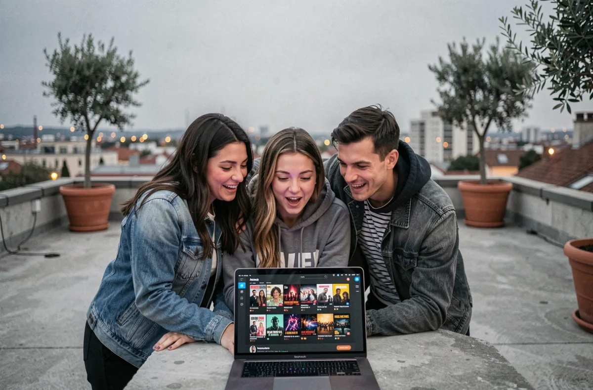 Groupe d'amis discutant des dernières actualités de séries TV sur un ordinateur portable en terrasse