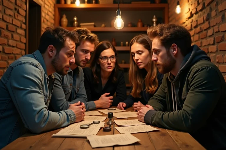 Groupe d'adultes résolvant des énigmes dans une salle d'escape game à Toulouse avec décorations vintage et accessoires mystérieux