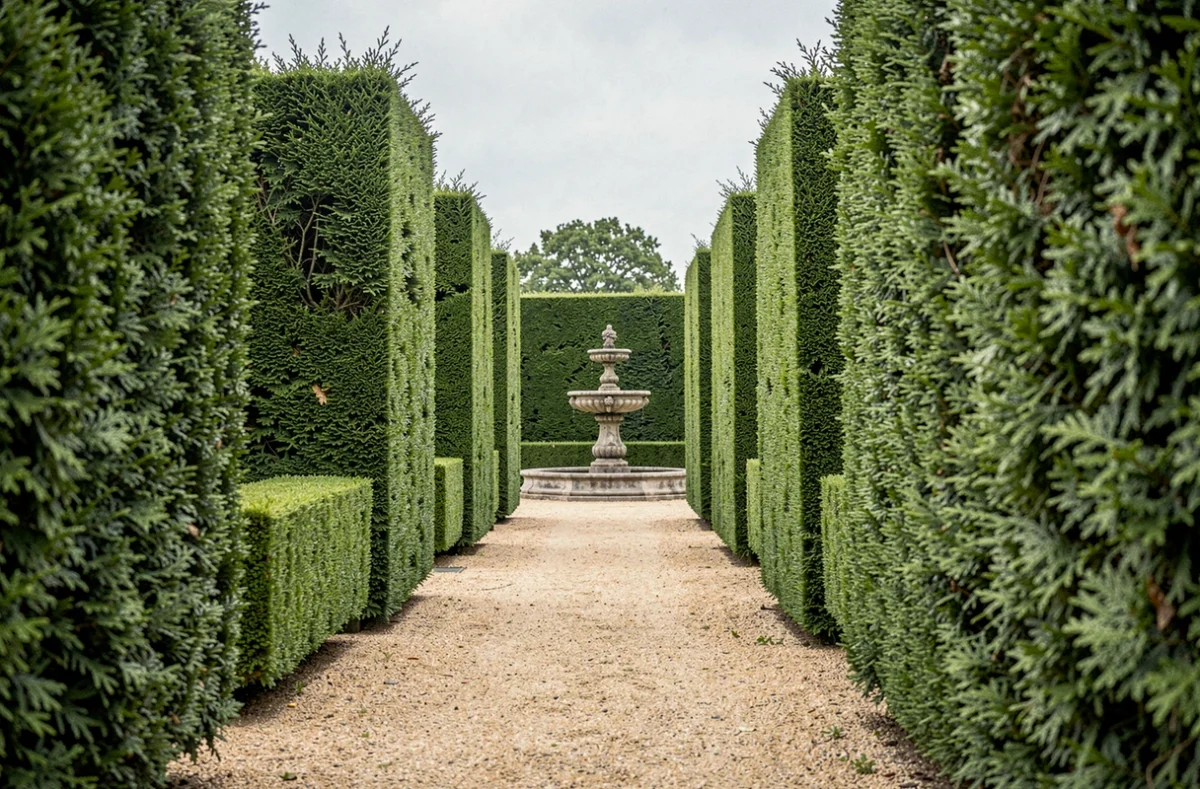 Haies d'if taillées en formes géométriques dans un jardin à la française avec allée de gravier et fontaine en pierre