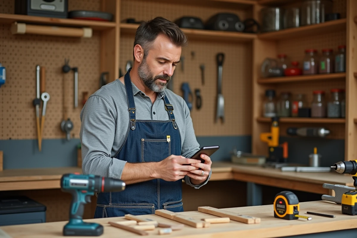 Un homme en tablier de bricoleur consulte une application de bricolage sur smartphone dans un atelier bien organisé