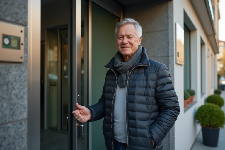 Homme d'âge moyen scannant un code d'entrée sécurisé devant un immeuble