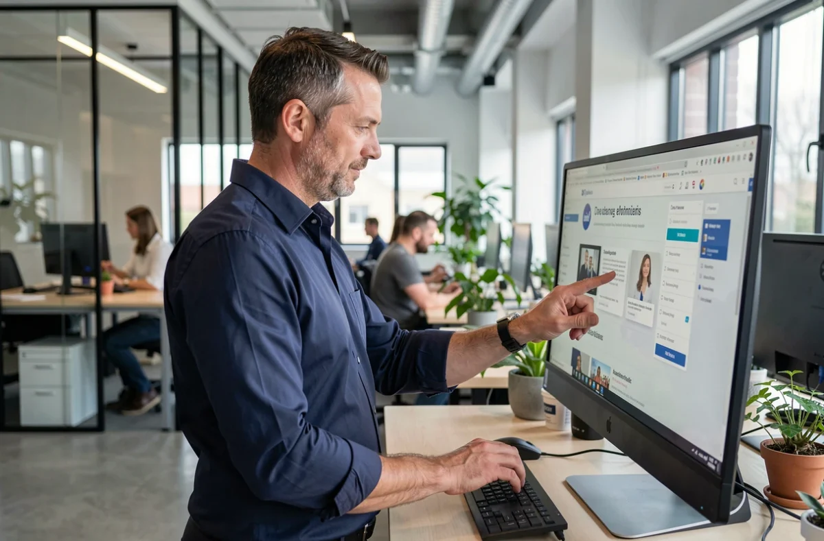 Homme professionnel consultant les services d'un site web depuis un bureau en open space moderne