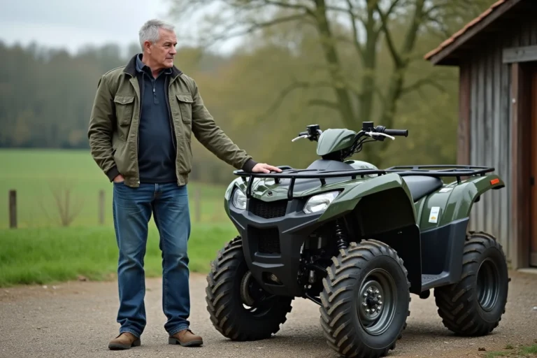 Homme d'âge moyen examinant un quad non homologué en campagne