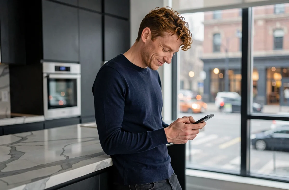 Homme lisant des rumeurs sur les séries TV sur son smartphone dans une cuisine moderne