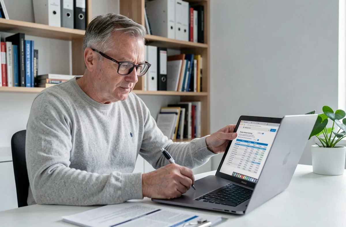 Mann analysiert ein Dossier zur Simulation eines Immobilienkredits an seinem Schreibtisch zu Hause mit einem Laptop