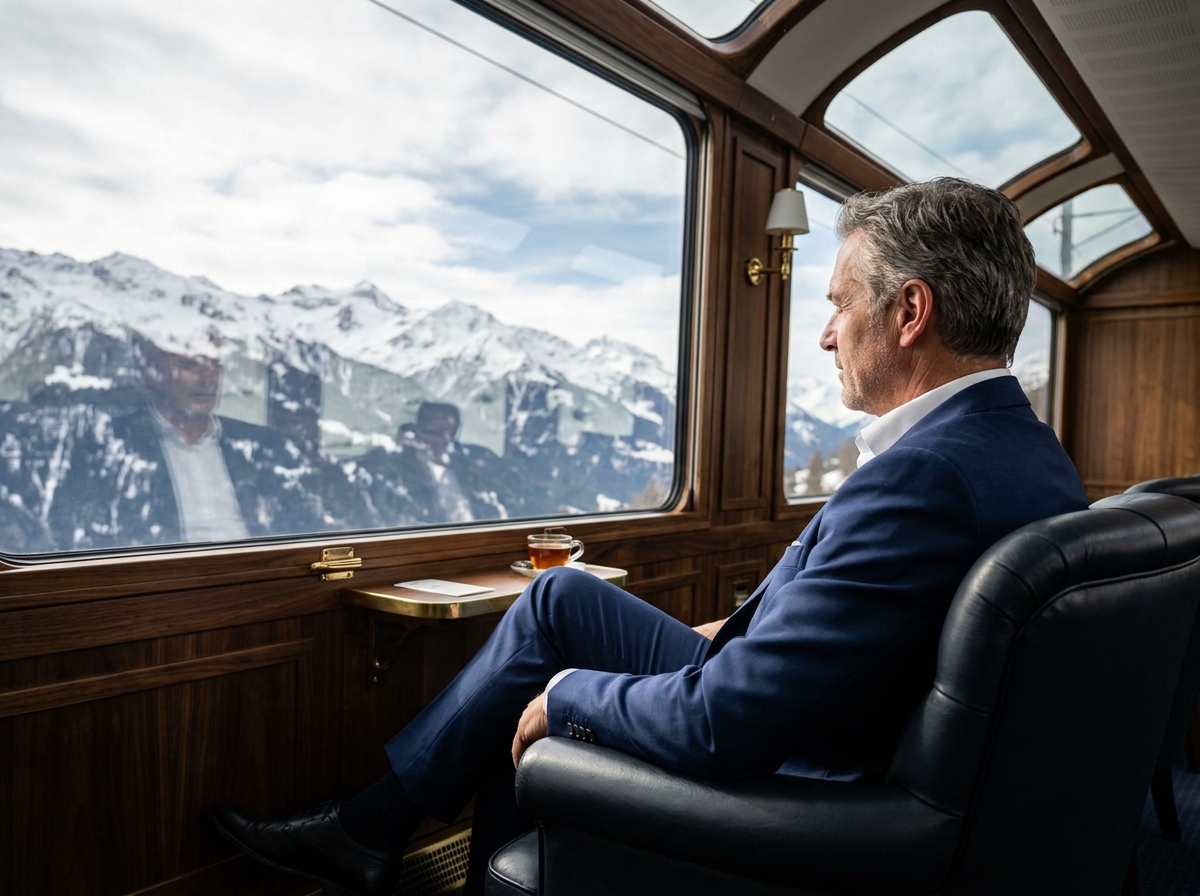 Homme en costume regardant par la fenêtre d’un train