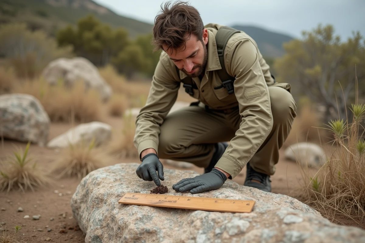 Naturaliste en tenue de terrain examinant des excréments de serpent sur un rocher avec une règle pour mesurer, dans un paysage de garrigue méditerranéenne sèche