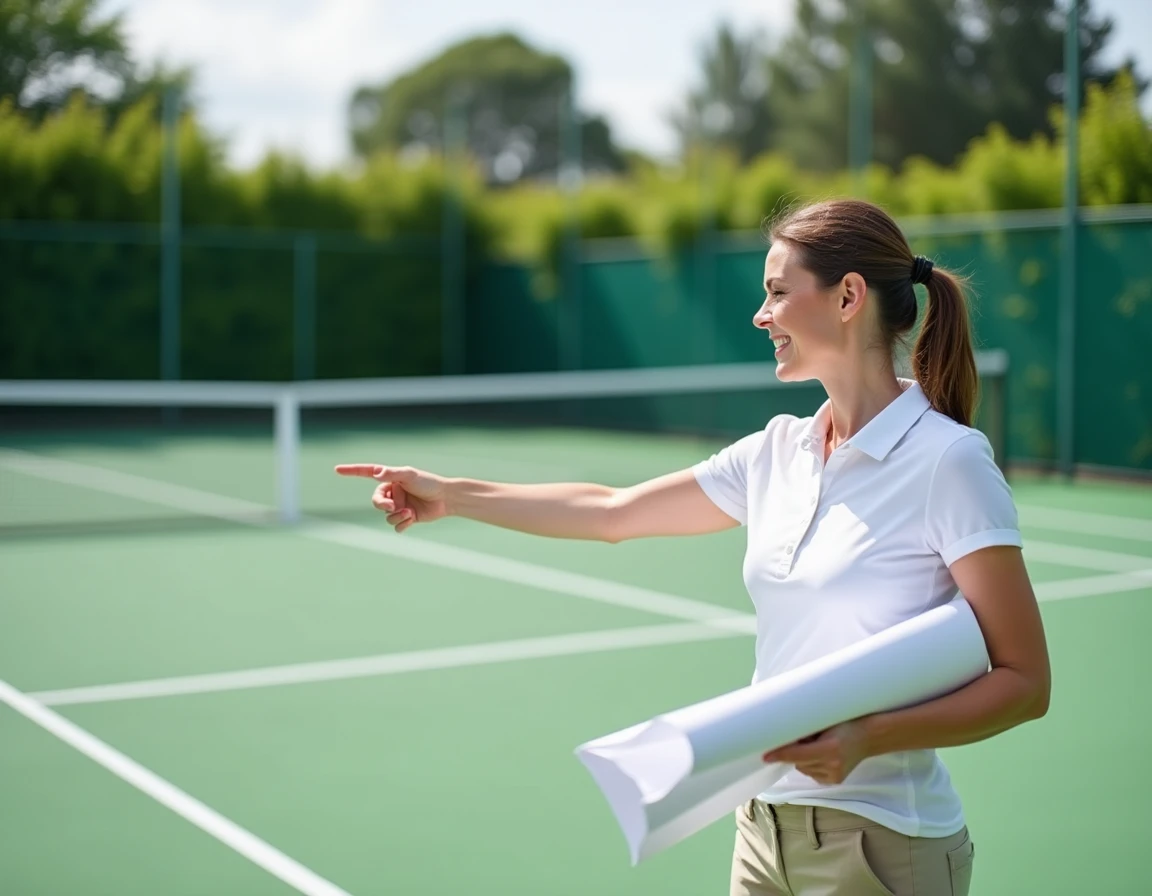 Chargée de projet inspectant les lignes d'un terrain de tennis nouvellement construit avec plans en main