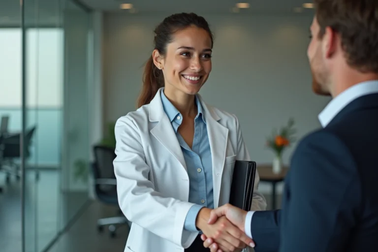 Jeune femme pharmacien souriante lors d'un entretien professionnel