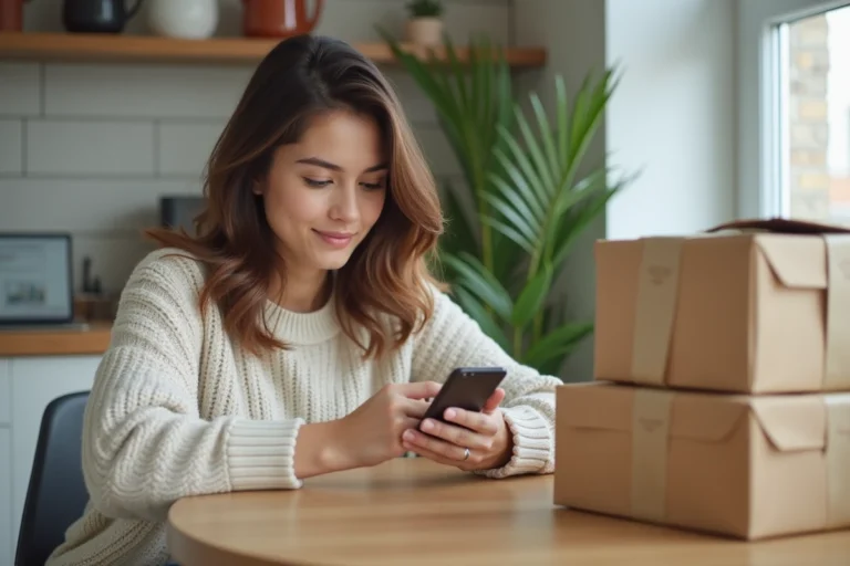 Jeune femme avec smartphone dans une cuisine moderne