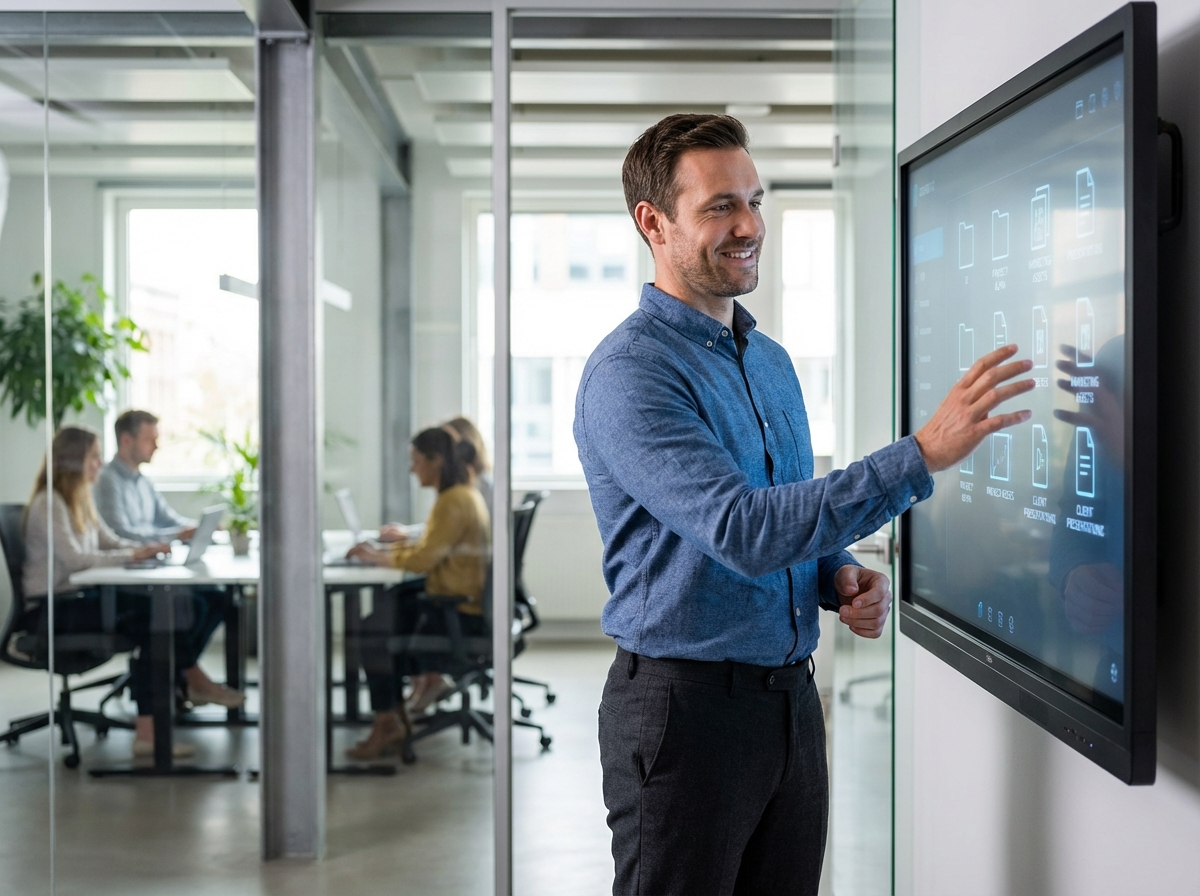 Jeune homme en smart casual utilisant un écran tactile dans un espace de travail