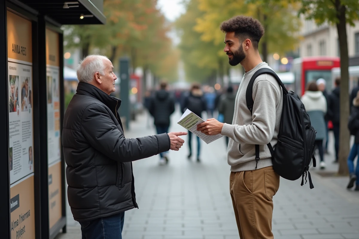Jeune homme distribuant un flyer à une personne âgée devant un stand animal