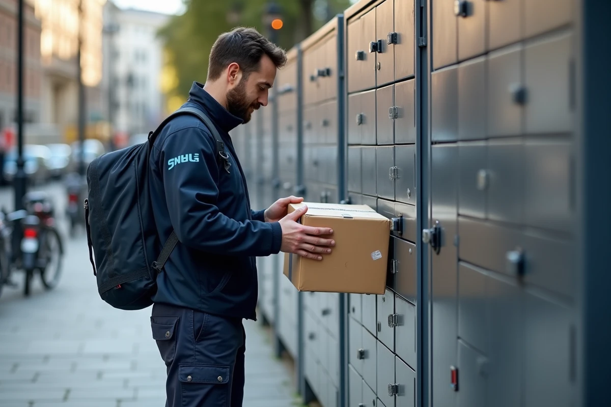 Livreur scannant un colis devant un casier urbain
