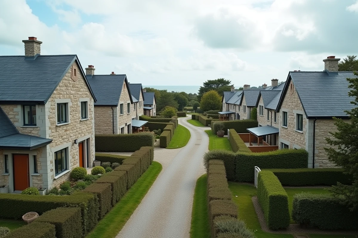 Vue panoramique d'un lotissement côtier breton mêlant longères en pierre rénovées et maisons contemporaines à ossature bois