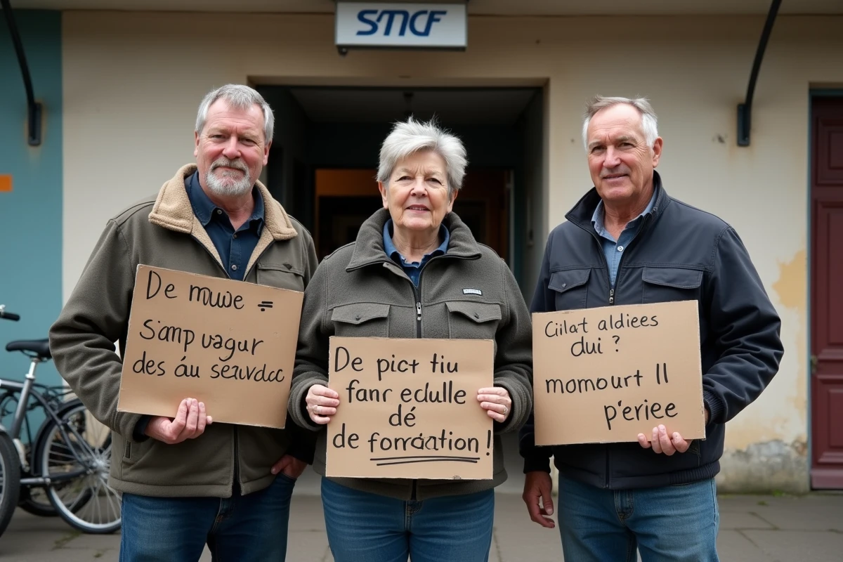 Manifestants devant une gare SNCF de province tenant des pancartes revendicatrices sur les salaires et le service public ferroviaire en France