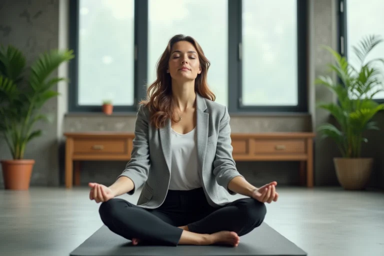 Professionnelle en méditation sur un tapis de yoga dans un espace de pause moderne au bureau
