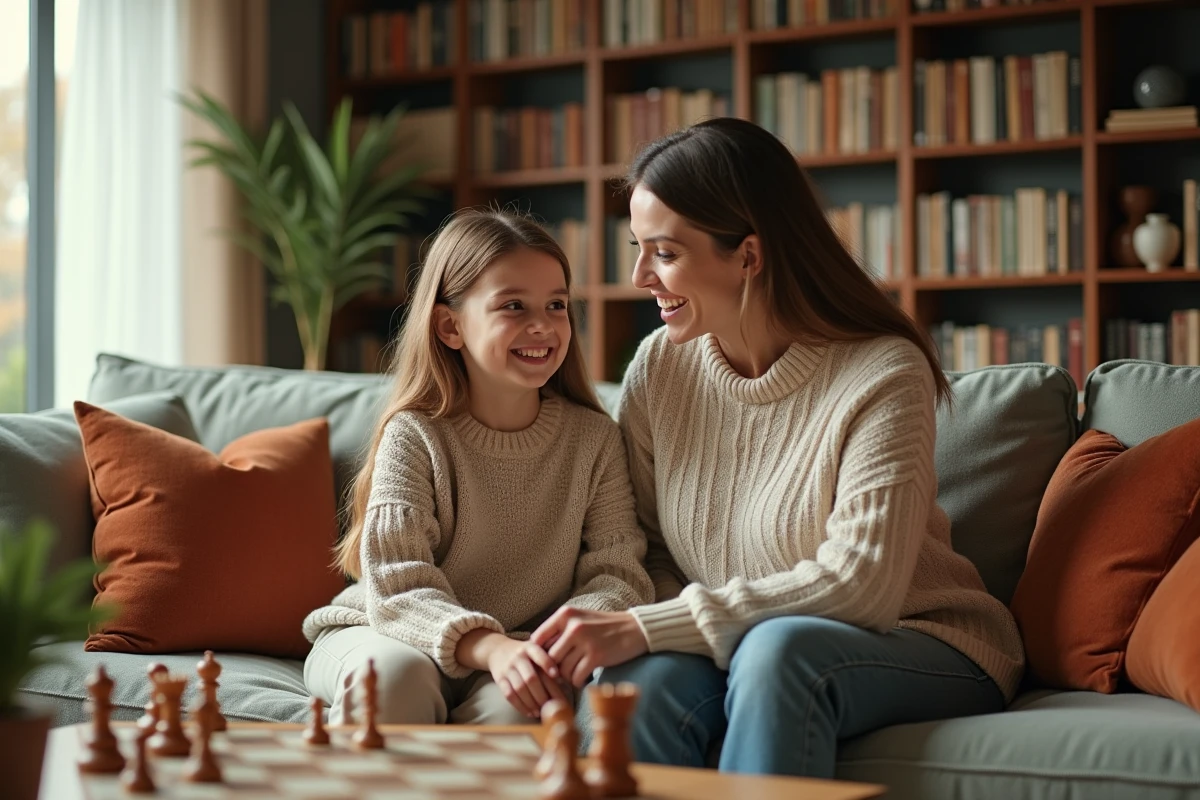 Mère et fille adolescente partageant un moment complice autour d'un jeu de société dans un salon cosy et familial