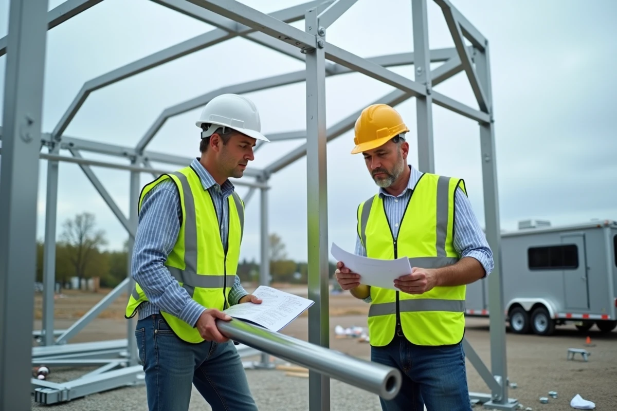 Deux ouvriers assemblant une ossature en tubes d'aluminium sur un chantier de construction extérieur en vérifiant les spécifications techniques