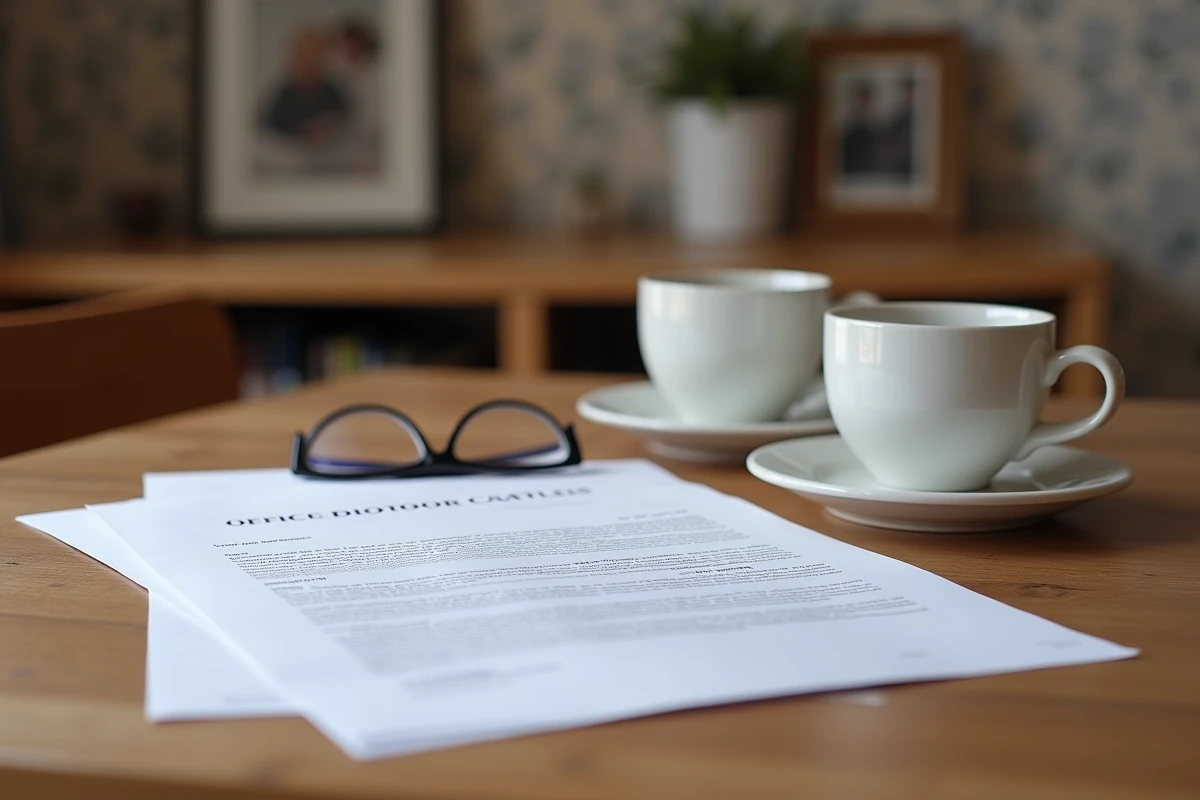 Papiers de divorce sur une table avec mugs et lunettes