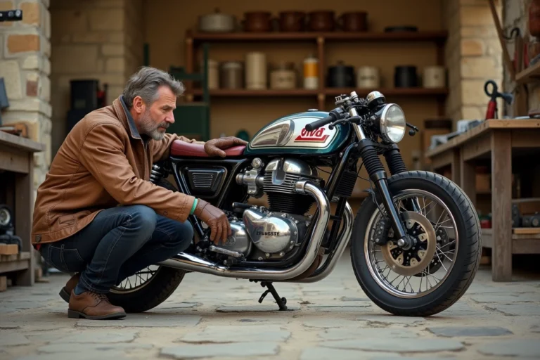 Passionné de moto vintage inspect un café racer restauré des années 1960 dans un atelier artisanal en pierre en Provence