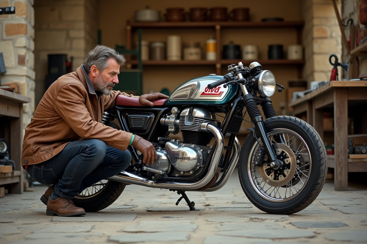 Passionné de moto vintage inspect un café racer restauré des années 1960 dans un atelier artisanal en pierre en Provence