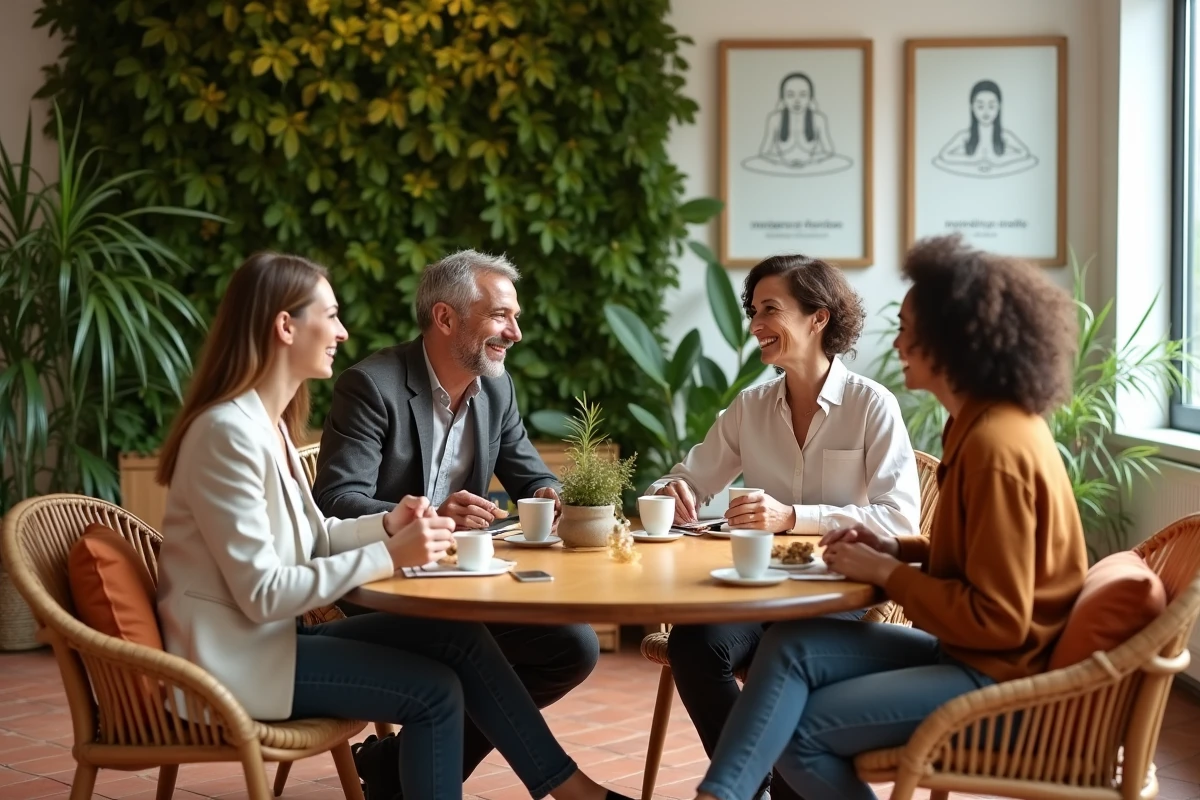 Groupe de collègues partageant une pause bien-être autour d'une table dans une salle de détente au travail