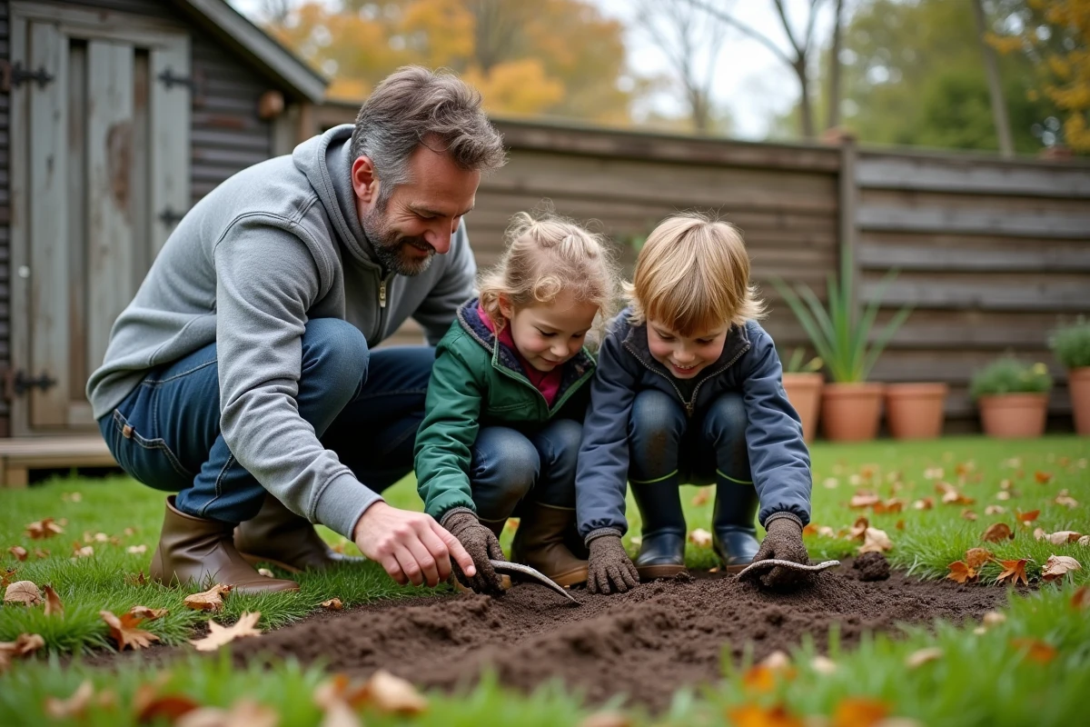 Père et enfants jardinent ensemble dans le jardin familial en automne, activité de plein air pour une famille épanouie