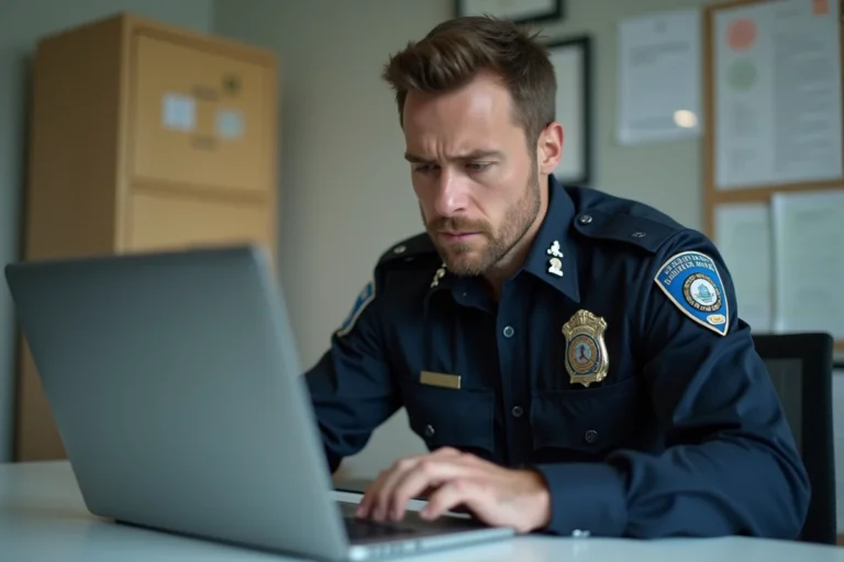 Policier en uniforme assis à un bureau tentant de se connecter à Ecampus Police sur un ordinateur portable