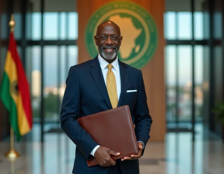 Président de l'Union africaine en costume officiel devant le drapeau de l'organisation panafricaine lors d'un événement diplomatique