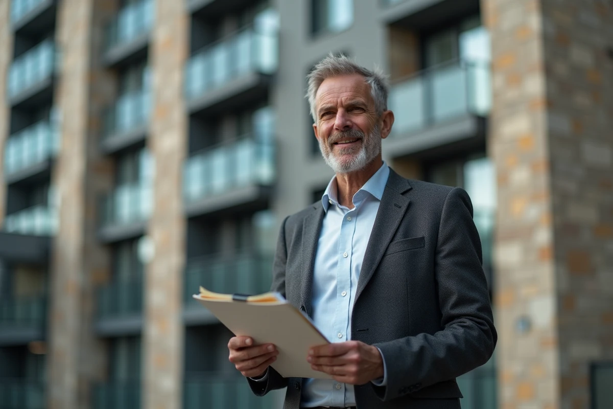 Propriétaire immobilier tenant des documents Scellier devant un immeuble résidentiel moderne