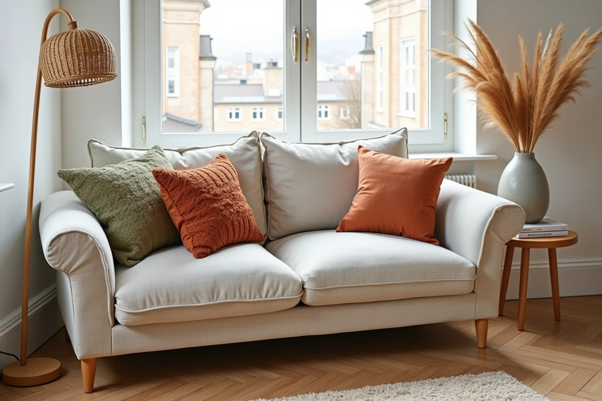 Salon scandinave cosy avec canapé en lin beige, coussins terracotta et plante séchée pour une décoration intérieure chaleureuse