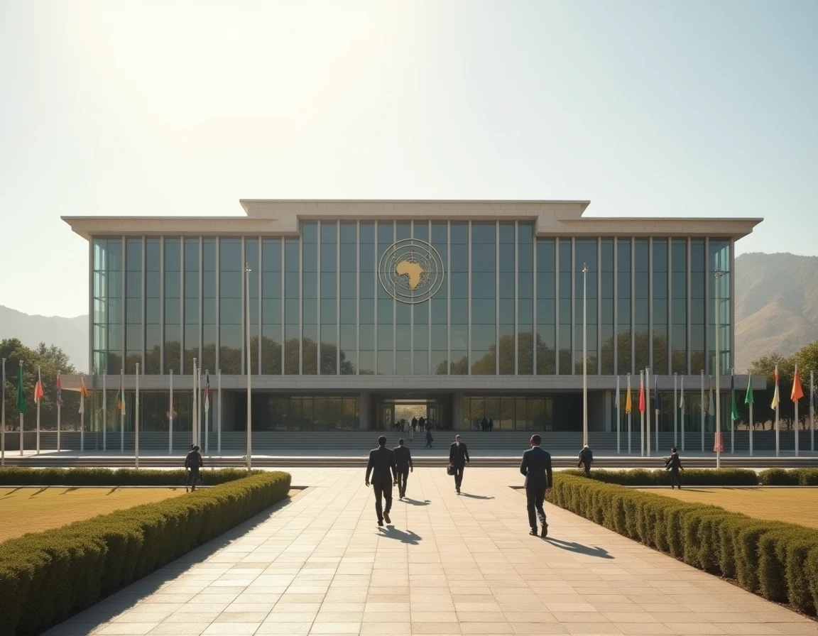 Siège de la Commission de l'Union africaine à Addis-Abeba avec des drapeaux des pays membres alignés devant l'entrée principale