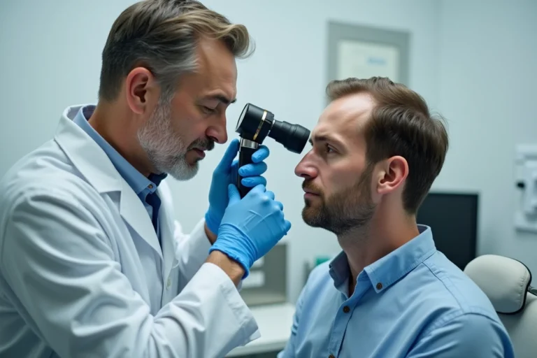 Spécialiste en greffe de cheveux examinant le cuir chevelu d'un patient avec un dermatoscope dans une clinique moderne