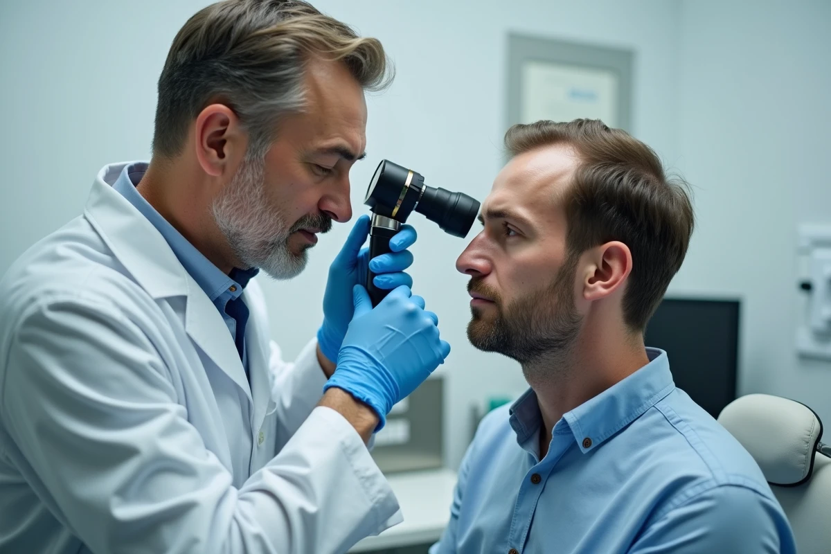 Spécialiste en greffe de cheveux examinant le cuir chevelu d'un patient avec un dermatoscope dans une clinique moderne