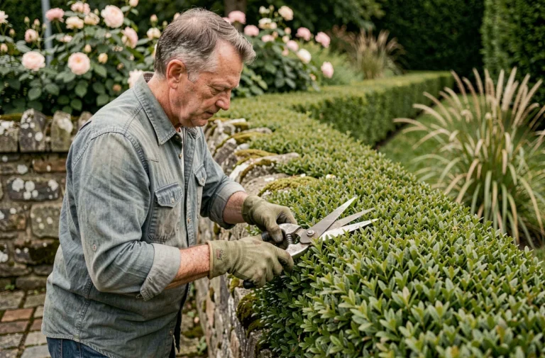 Jardinier expérimenté taillant une haie de buis avec des cisailles manuelles dans un jardin résidentiel soigné