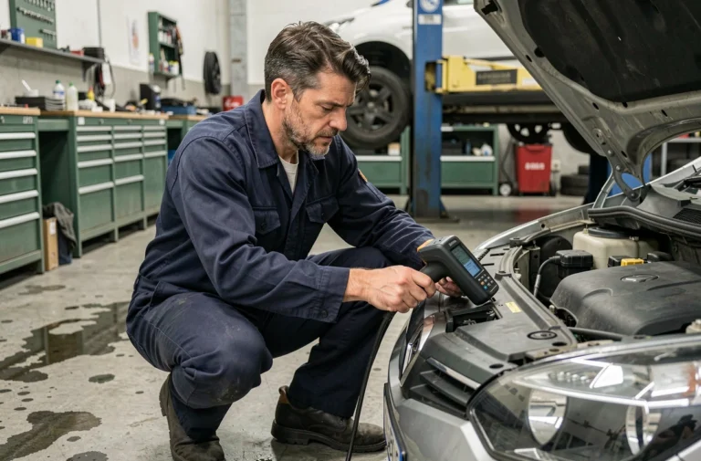 Technicien automobile connectant un scanner OBD à une Renault pour diagnostiquer le code erreur 1525f3 après une vidange