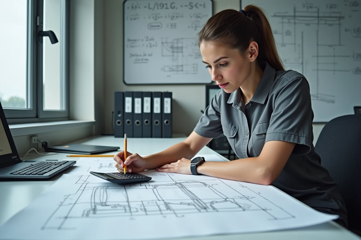 Technicienne étudiant des plans de calcul de résistance pour une ossature en tubes d'aluminium sur une table de travail technique