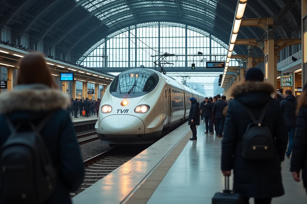 TGV entrant en gare de grande ville française avec des voyageurs sur le quai, illustrant le service public ferroviaire géré par la SNCF