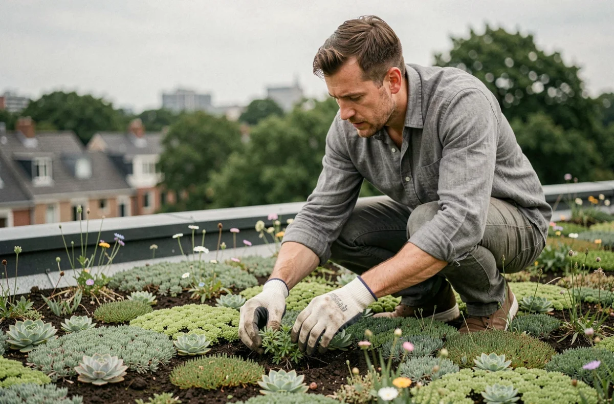 Homme installant des plantes sur une toiture végétalisée de maison écologique en milieu urbain